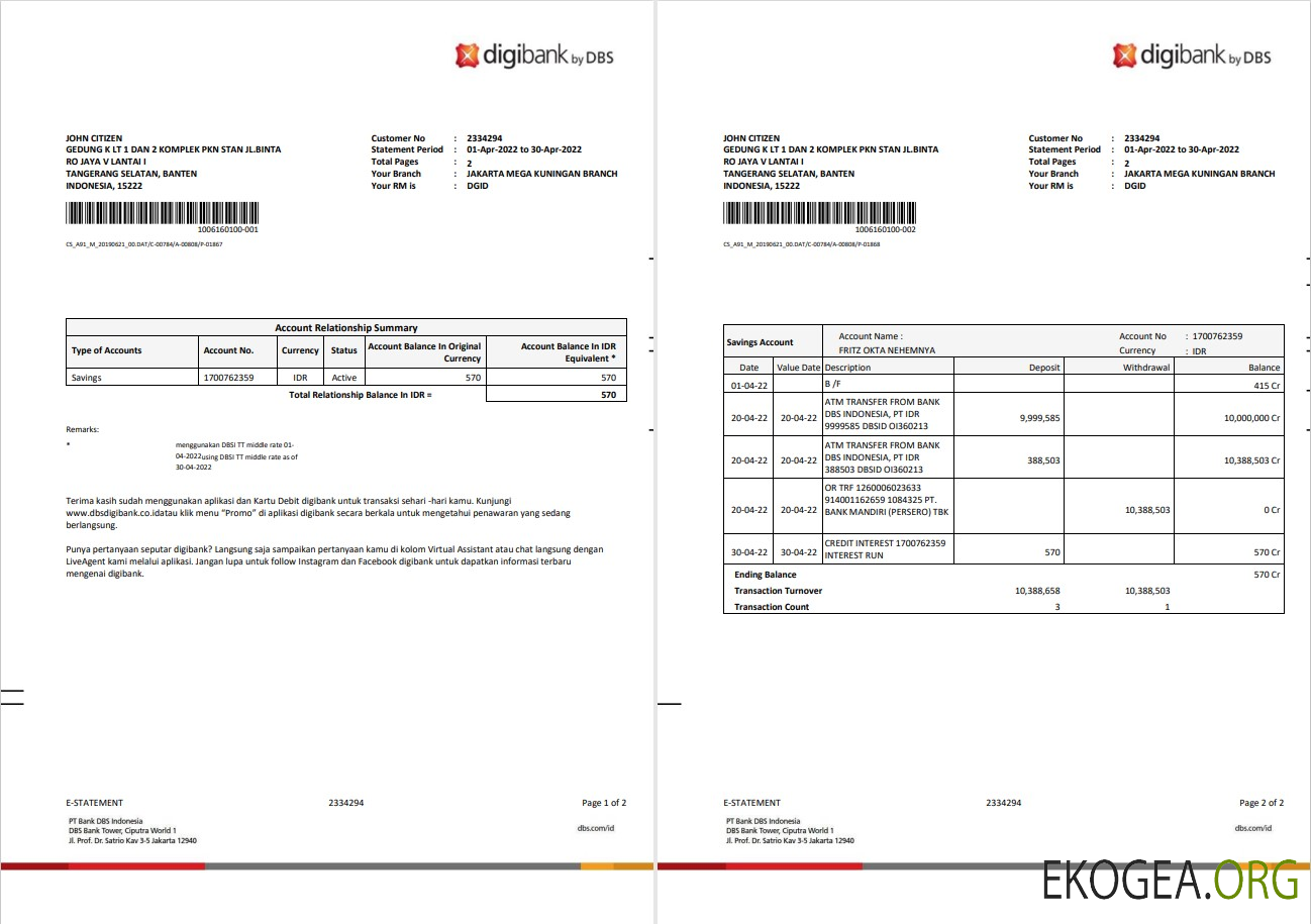 Relevé digibank DBS Indonésie 2 pages